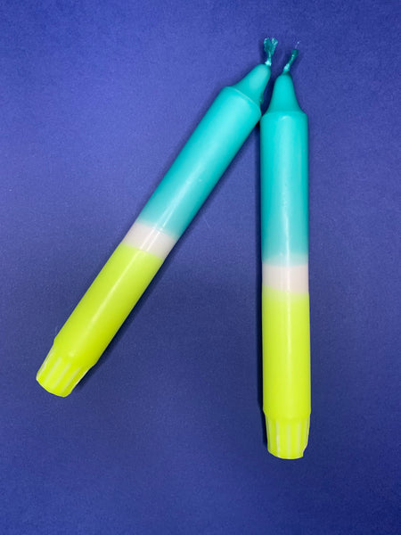 2 Blue and yellow neon candles