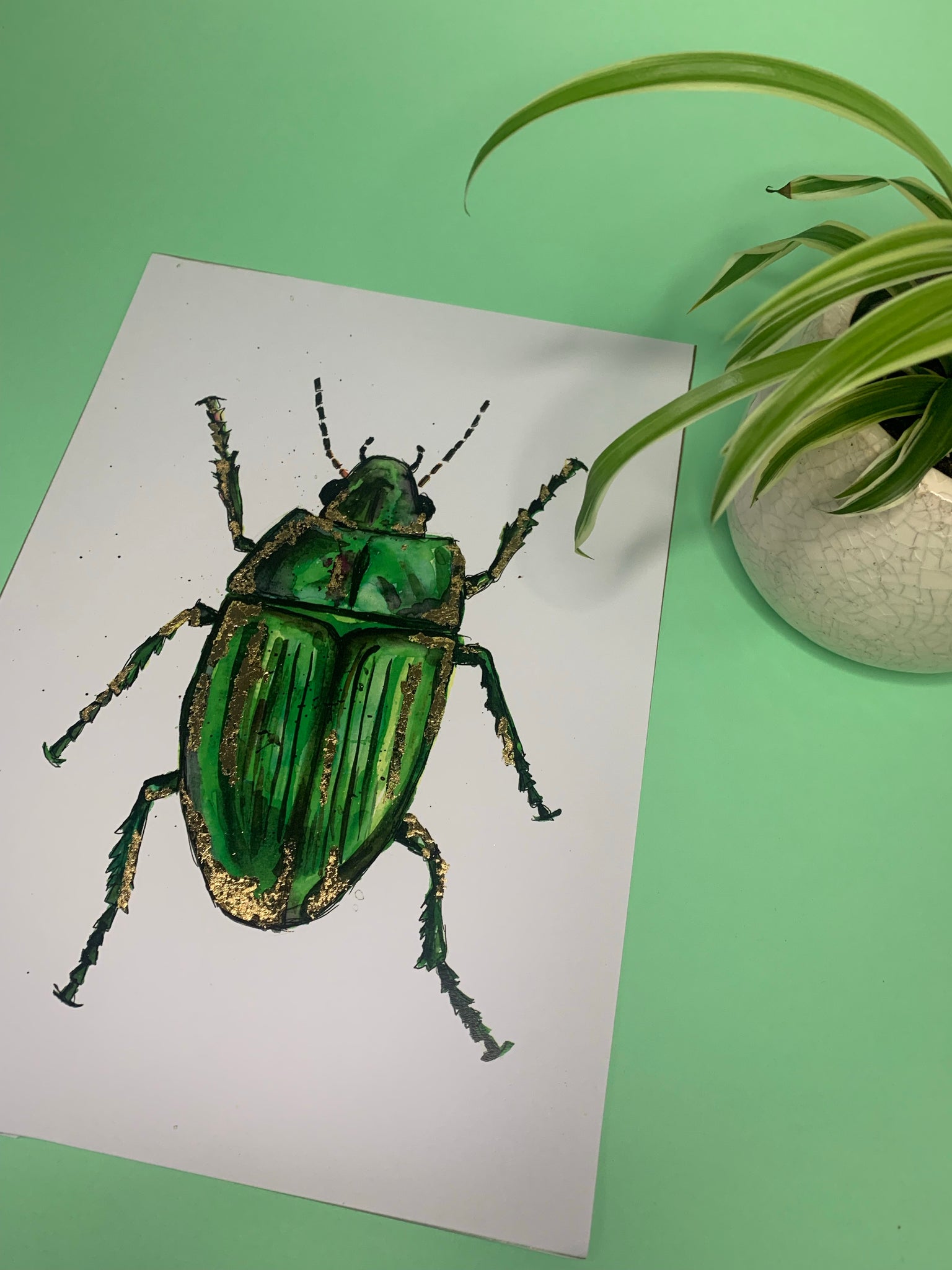 Green Beetle Watercolour Print with gold leaf detail